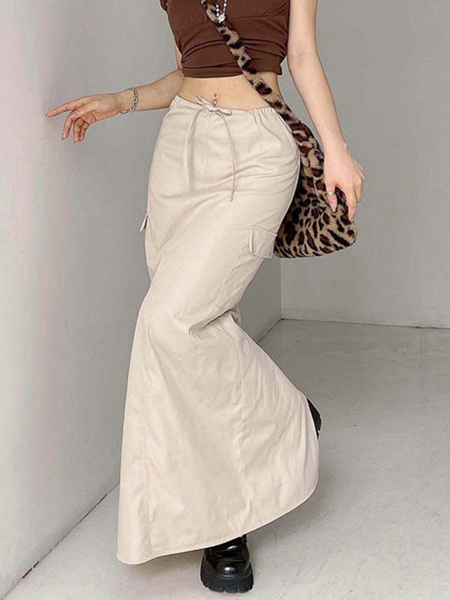 GILIPUR Women's Casual Flap Pocket Drawstring Waist Cargo Maxi Skirt MH004