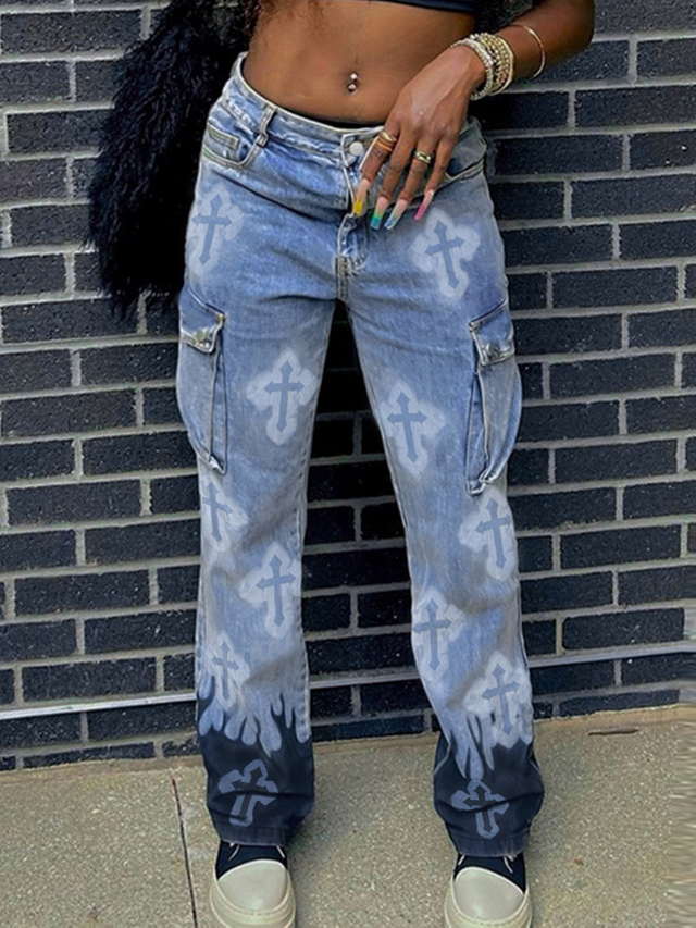 GILIPUR Women Hip Hop Casual Streetwear Baggy Crosses Jeans MH107