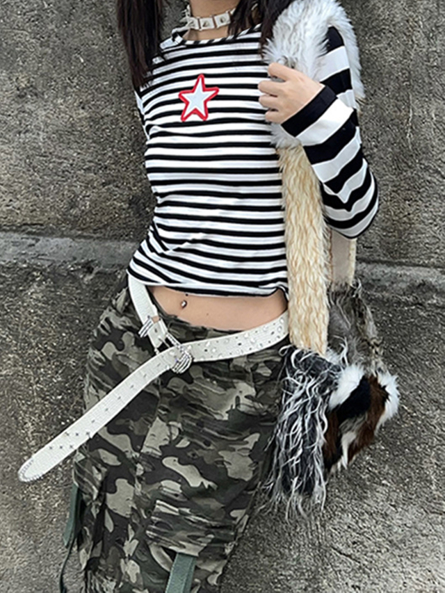 GILIPUR Star Print Crop Tops Black White Stripe Long Sleeve T-shirts MH508