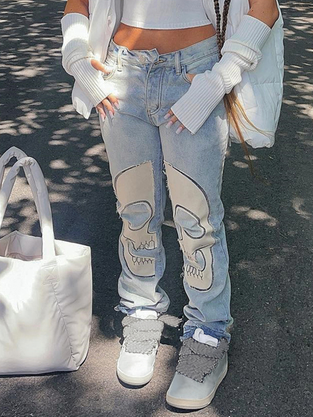 GILIPUR Street Hip hop Skull Vintage Printed Jeans TL264