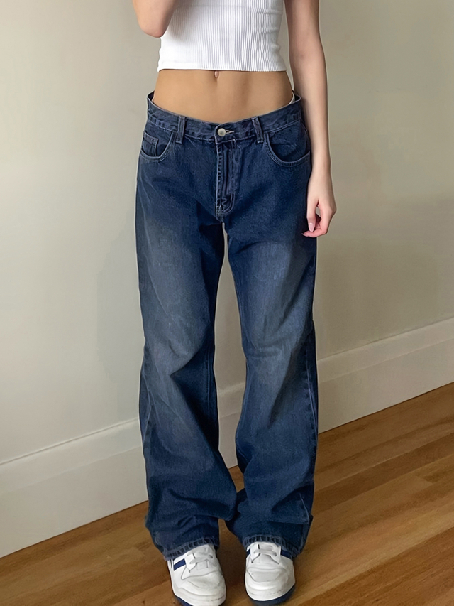 GILIPUR Vintage Dark Blue Straight Leg Wide Jeans TL327