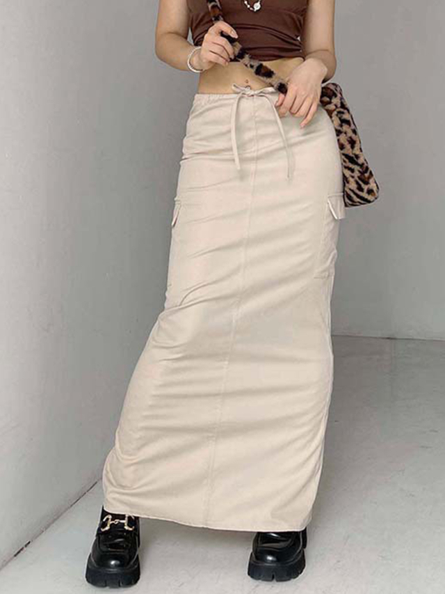 GILIPUR Women's Casual Flap Pocket Drawstring Waist Cargo Maxi Skirt MH004