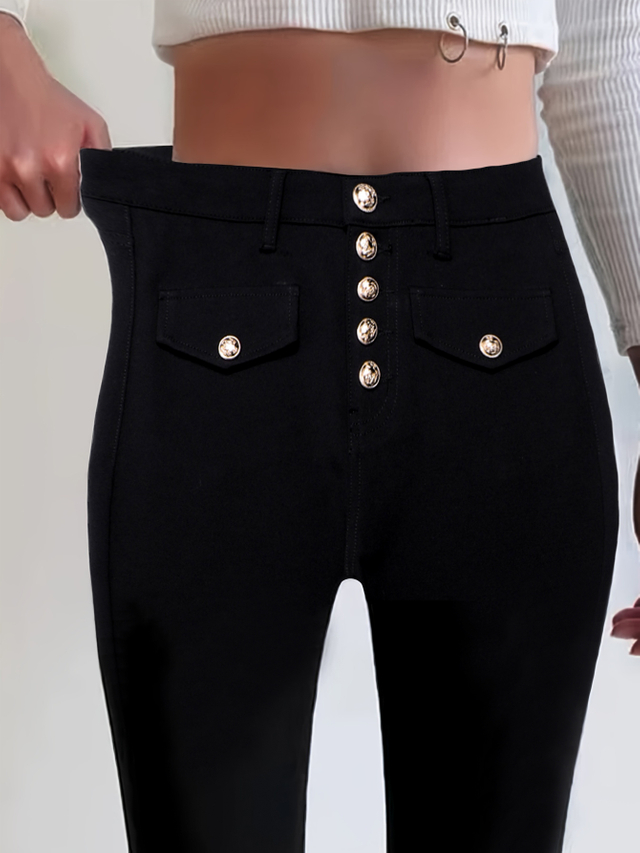 GILIPUR Fashion Straight Button Flared Black Pants CY036
